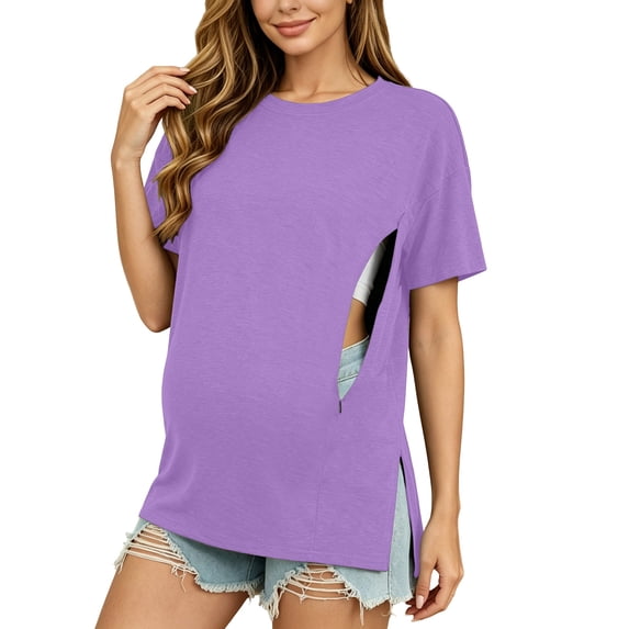 ShomPort Women's Nursing Tops for Breastfeeding Oversized Short Sleeves Side Splits Hidden Zipper Maternity Top