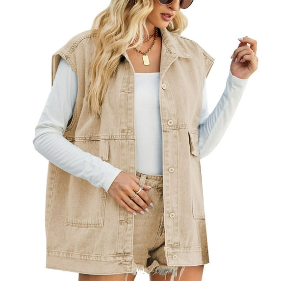 ShomPort Women's Oversized Denim Vest Mid Long Jean Vest Sleeveless Buttons Jackets Fall Fashion Trendy Clothes