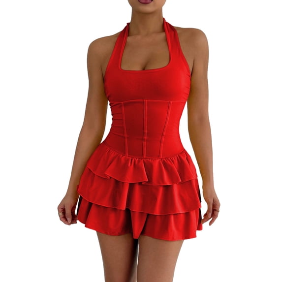 ShomPort Women's Party Mini Dress Summer Square Neck Slim A-Line Layered Ruffle Hem Sleeveless Short Dresses