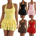 thumbnail image 1 of ShomPort Women's Party Mini Dress Summer Square Neck Slim A-Line Layered Ruffle Hem Sleeveless Short Dresses, 1 of 7