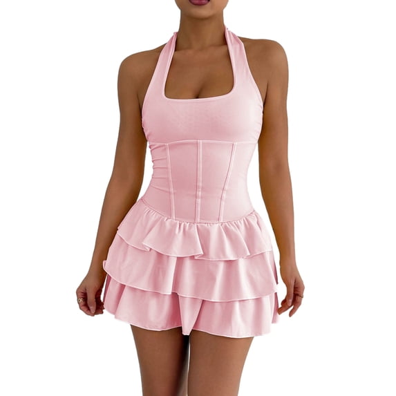 ShomPort Women's Party Mini Dress Summer Square Neck Slim A-Line Layered Ruffle Hem Sleeveless Short Dresses
