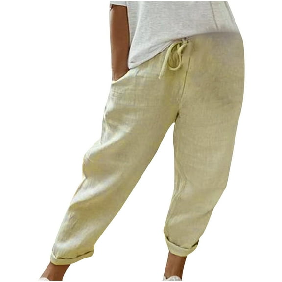 ShomPort Women's Plain Casual Pants Summer Trendy Drawstring Elastic Waist Long Pants with Pockets