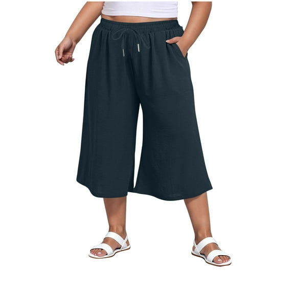 ShomPort Women's Plus Size Capri Drawstring Wide Leg Cropped Palazzo Pants Summer Casual Flowy Pants with Pockets