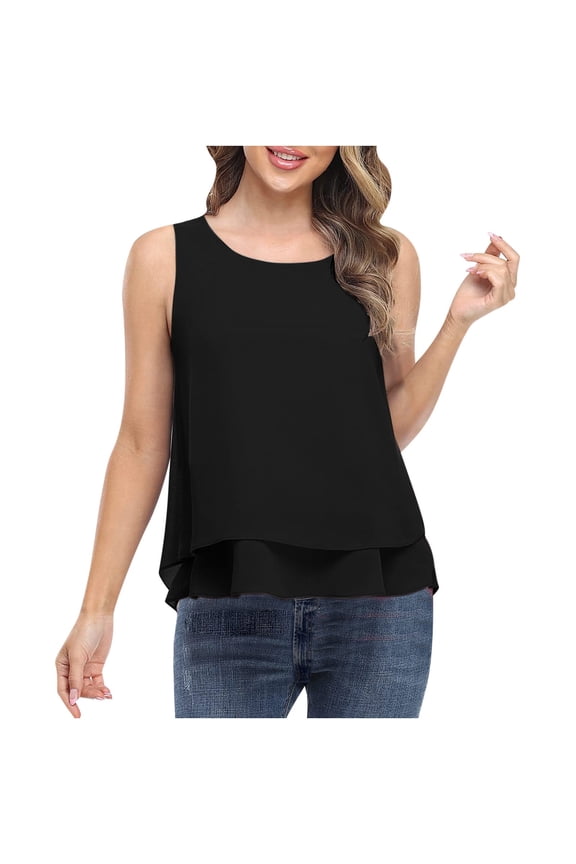 Women's Plus Size Chiffon Tank Tops Summer Loose Round Neck Sleeveless Double Lined Shirts