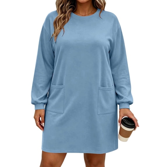 ShomPort Women's Plus Size Dresses Crew Neck Long Sleeve Sweatshirt Dress with Pockets Loose Loungewear Casual Mini Dresses