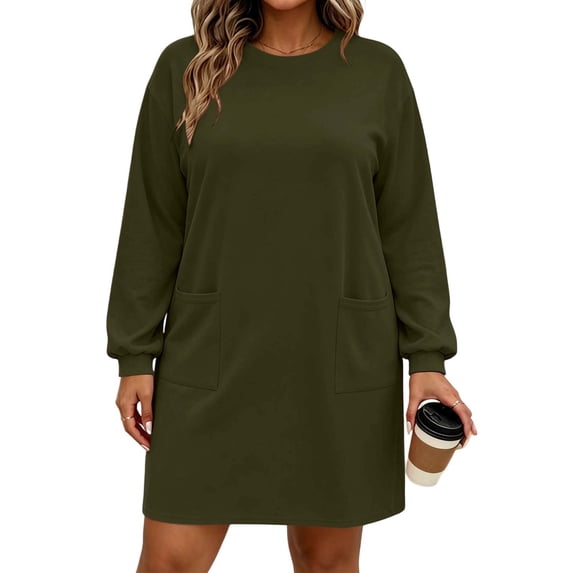 ShomPort Women's Plus Size Dresses Crew Neck Long Sleeve Sweatshirt Dress with Pockets Loose Loungewear Casual Mini Dresses