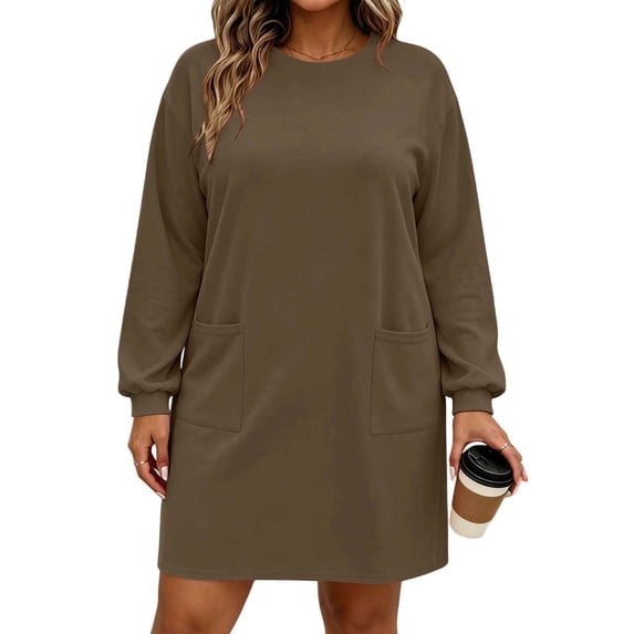 ShomPort Women's Plus Size Dresses Crew Neck Long Sleeve Sweatshirt Dress with Pockets Loose Loungewear Casual Mini Dresses