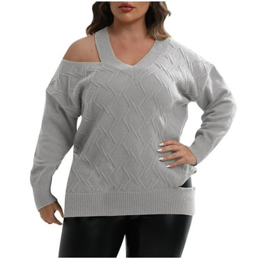 ShomPort Women's Plus Size V-Neck Long Sleeve Casual Sweater Cold Shoulder Solid Color Pullover Tops