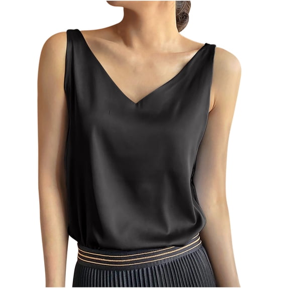 ShomPort Women's Satin Tank Tops Dressy Casual V Neck Summer Vest Sleeveless Solid Color Cami Blouses