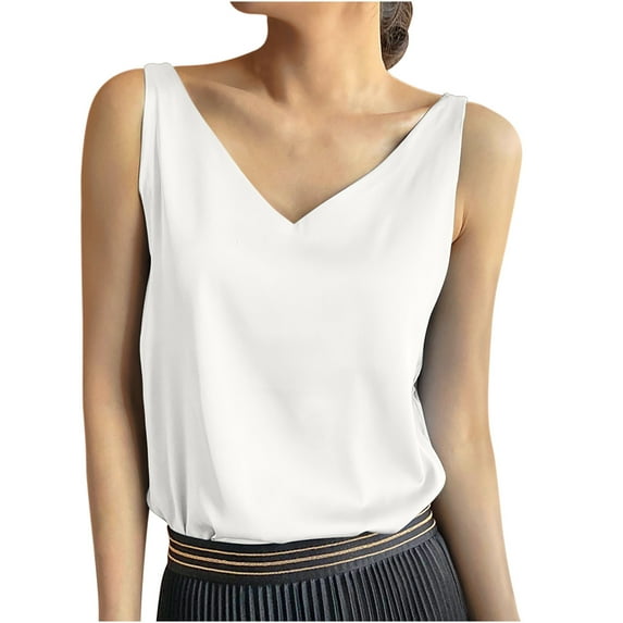 ShomPort Women's Satin Tank Tops Dressy Casual V Neck Summer Vest Sleeveless Solid Color Cami Blouses