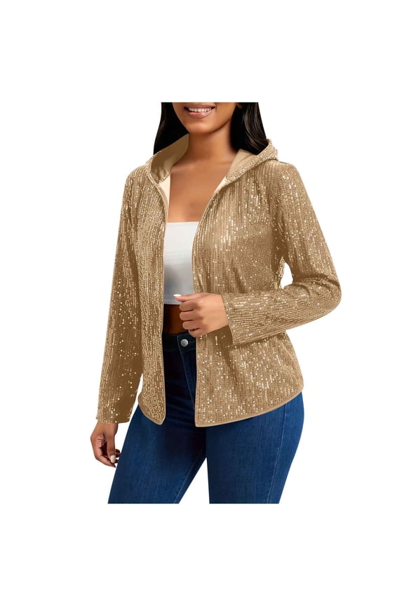 Women's Sequin Jackets Open Front Sparkly Hooded Long Sleeve Cardigans Party Outwear