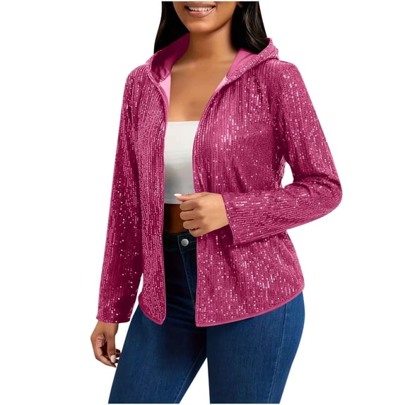 ShomPort Women's Sequin Jackets Open Front Sparkly Hooded Long Sleeve Cardigans Party Outwear
