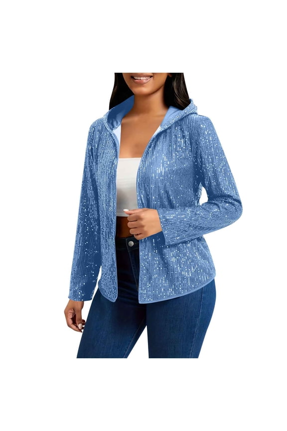 Women's Sequin Jackets Open Front Sparkly Hooded Long Sleeve Cardigans Party Outwear