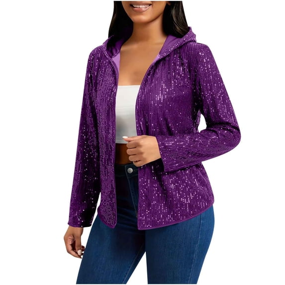 ShomPort Women's Sequin Jackets Open Front Sparkly Hooded Long Sleeve Cardigans Party Outwear