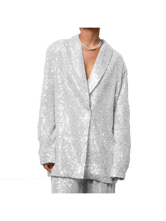 Women's Sequin Suit Jackets Party Clubwear Wedding V Neck Long Sleeve Open Front Sparkly Blazer