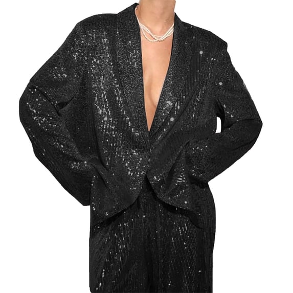 ShomPort Women's Sequin Suit Jackets Party Clubwear Wedding V Neck Long Sleeve Open Front Sparkly Blazer