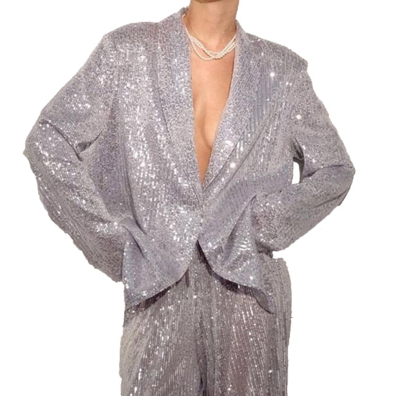 ShomPort Women's Sequin Suit Jackets Party Clubwear Wedding V Neck Long Sleeve Open Front Sparkly Blazer