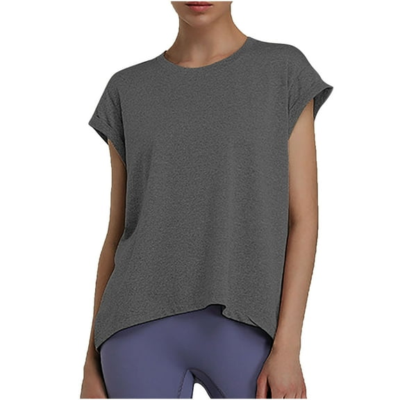 ShomPort Women's Short Sleeve Workout Tops Open Back Round Neck Tees Yoga Running Gym T-Shirts