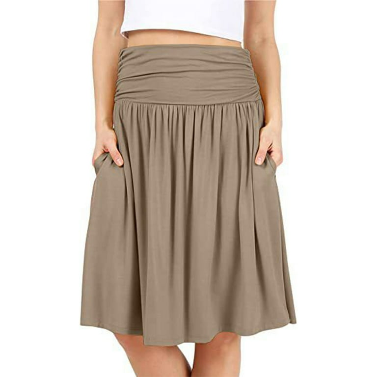 ShomPort Women s Skirt with Pockets Casual Ruched Elastic Waist Midi Flowy Knee Length Skirts Walmart