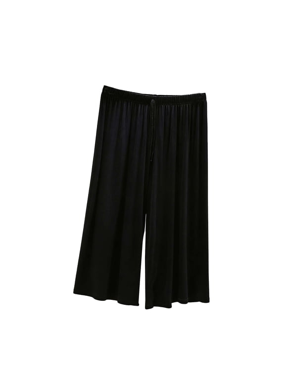 Women's Sleep Capris Basic Solid Color Elastic Waist Wide Leg Crop Capri Pants for Homewear Sleepwear
