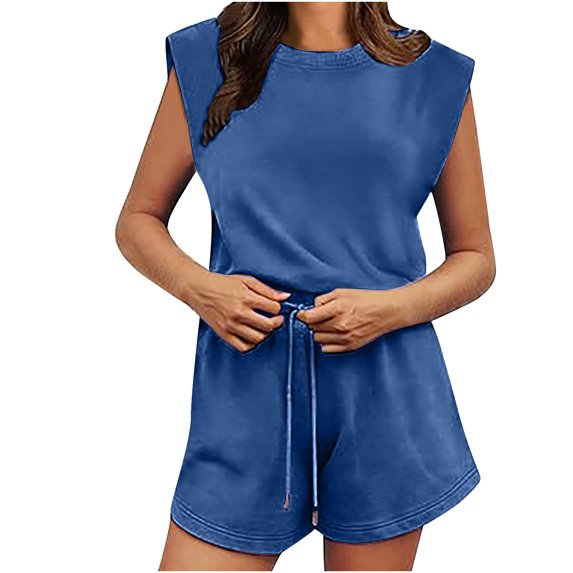 ShomPort Women's Sleeveless Athletic Rompers Summer Round Neck Backless Drawstring Elastic Waist Jumpsuit with Pockets