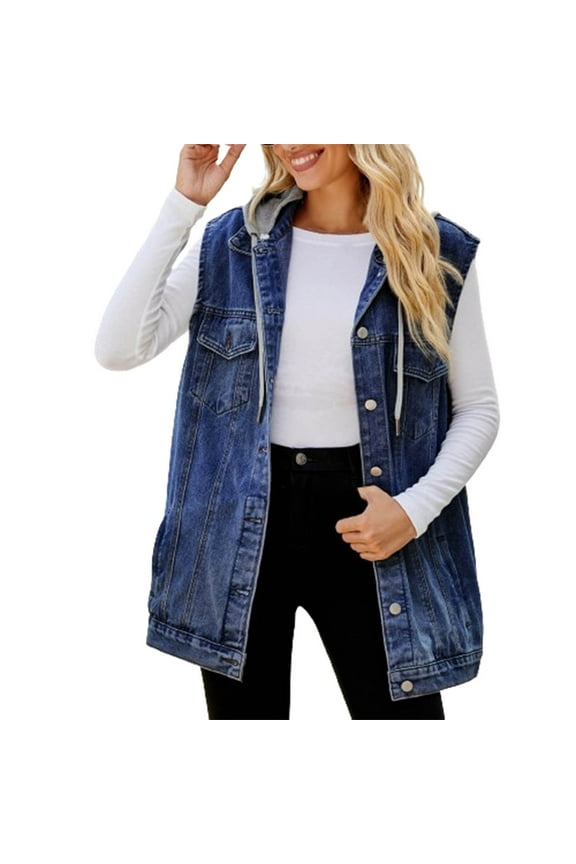 Women's Sleeveless Hooded Denim Jacket Casual Button Jean Vest with Detachable Hoodie