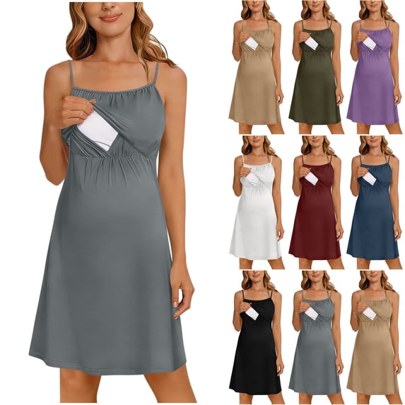 ShomPort Womens Summer Nursing Dress Adjustable Straps Soft Sleeveless Sleep Cami Dress for Maternity Breastfeeding
