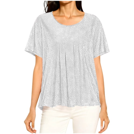 ShomPort Women's Sparkly Tops Flowy Pleated Crewneck Short Sleeve T-Shirt Elegant Party Tops