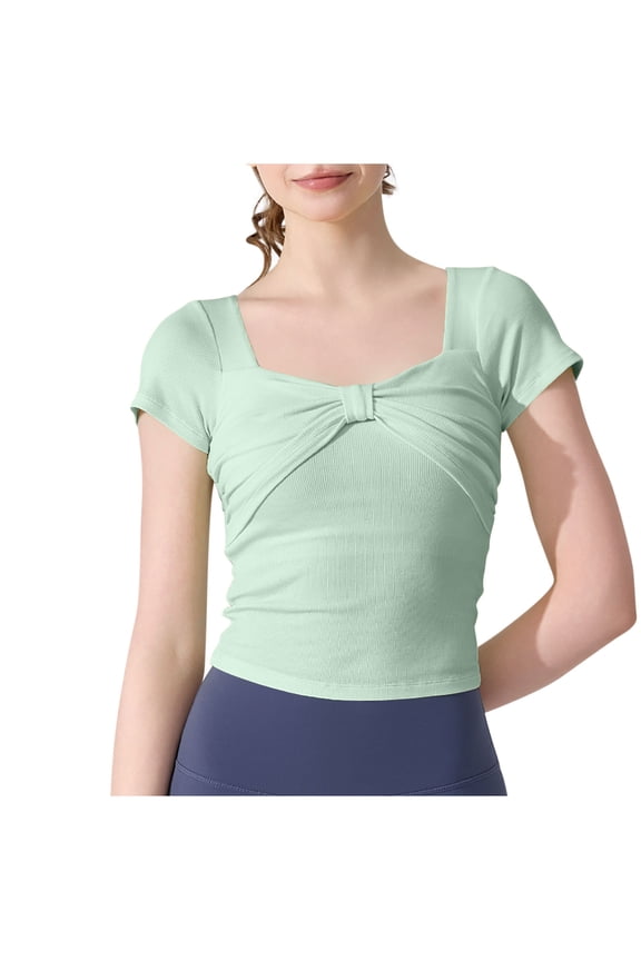 Women's Square Neck Bow Front Tops Short Sleeve Cotton Stretchy Ribbed Slim Cute T-Shirts Summer Comfort Tees Blouses