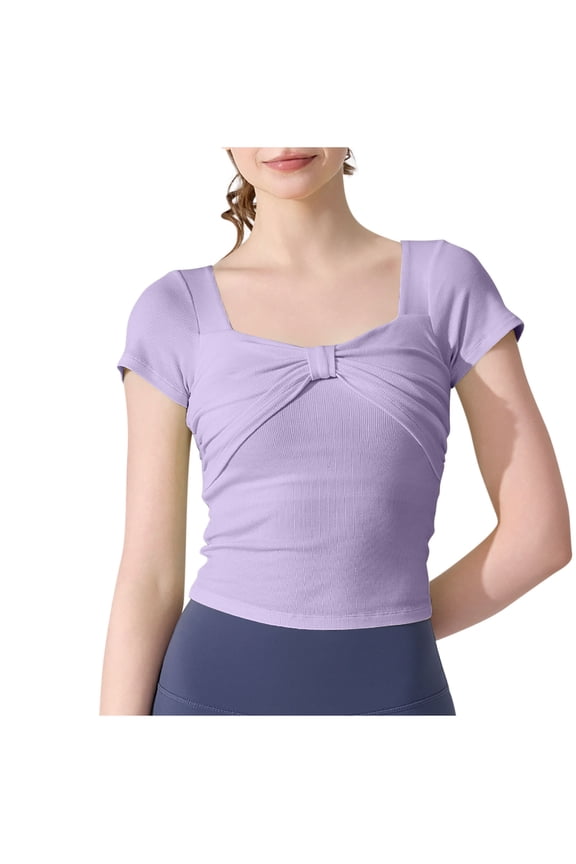 Women's Square Neck Bow Front Tops Short Sleeve Cotton Stretchy Ribbed Slim Cute T-Shirts Summer Comfort Tees Blouses