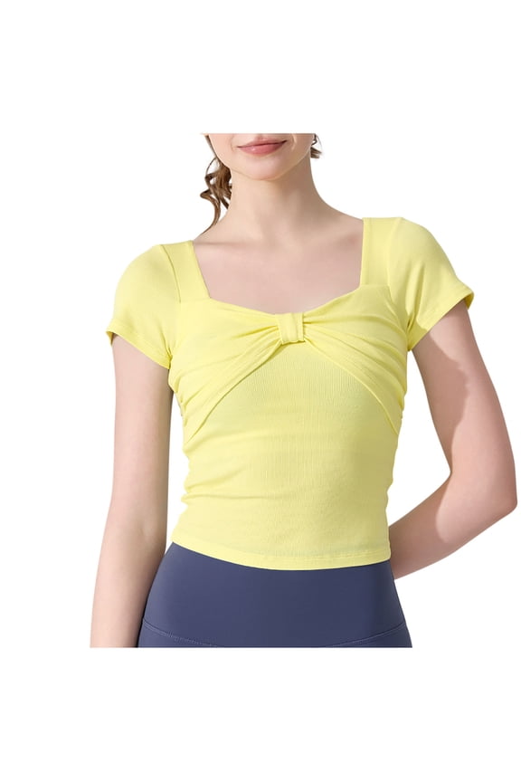 Women's Square Neck Bow Front Tops Short Sleeve Cotton Stretchy Ribbed Slim Cute T-Shirts Summer Comfort Tees Blouses