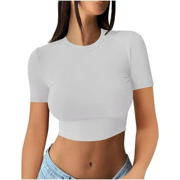 ShomPort Women's Stretchy Slim Short Tops Summer Trendy Sports Workout T-Shirts Round Neck Short Sleeve Tees