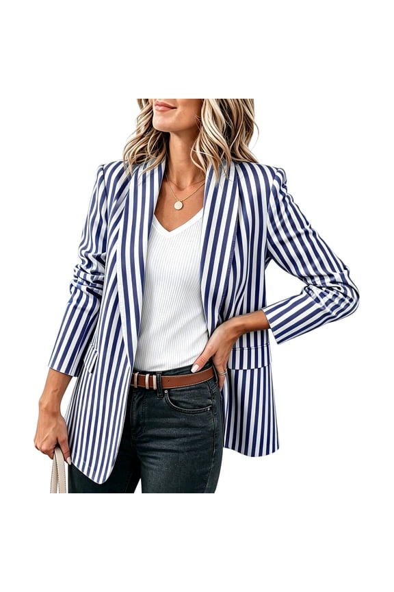 Women's Striped Blazers with Pockets Formal Breathable Lined Open Front Business Cardigan Suit Jackets