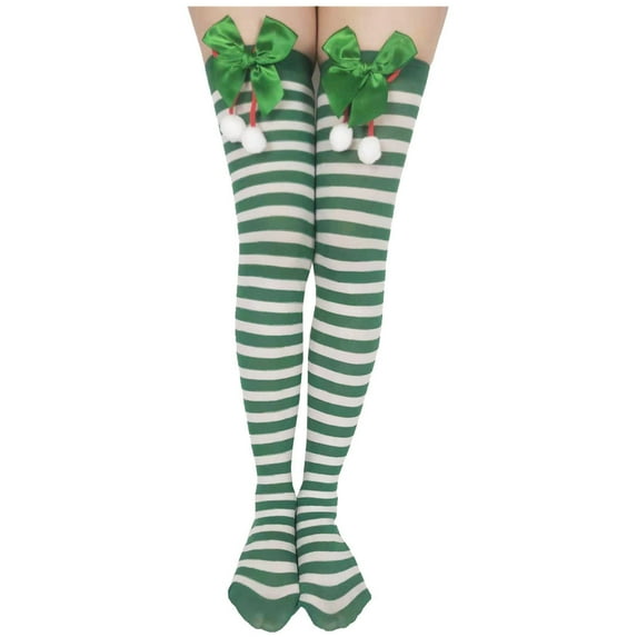 ShomPort Women's Striped Knee High Socks With Bow Christmas Striped Thigh High Socks Thin Over The Knee Socks