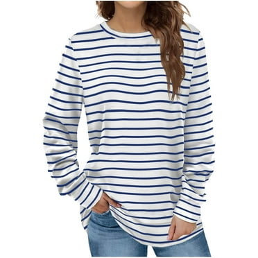 ShomPort Women's Striped Shirts Long Sleeve Crewneck Blouse Tops Fall Casual Cotton Pullover Sweaters