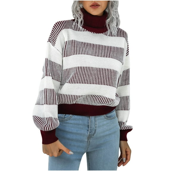 ShomPort Women's Striped Sweater Fall Casual Long Sleeve Crewneck Knit Ribbed Pullover Tops
