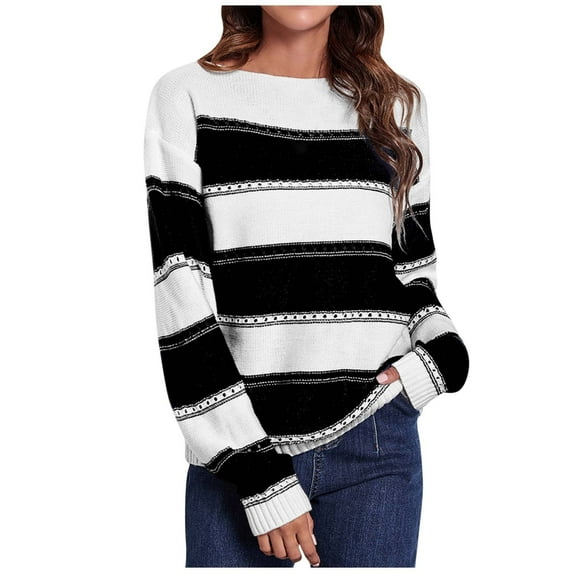 ShomPort Women's Striped Sweater Fall Casual Long Sleeve Crewneck Knit Ribbed Pullover Tops