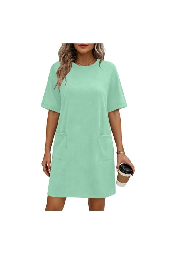 Women's Summer T Shirt Dress Casual Short Sleeve Crewneck Basic Loose Mini Dresses with Pockets