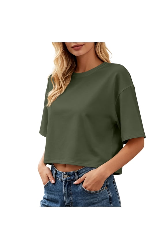 Women's Summer Tops Casual Round Neck Cropped T-Shirts Drop Shoulder Half Sleeve Oversized Basic Tees