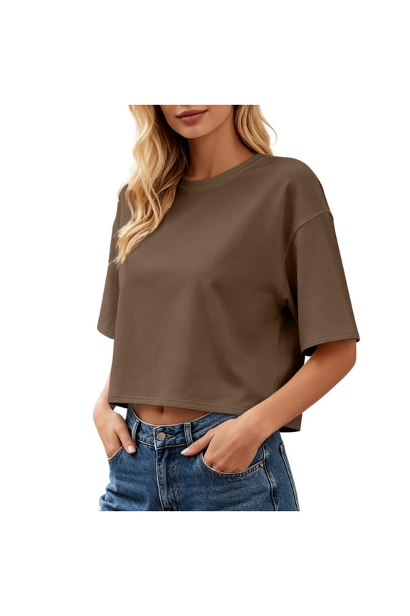Women's Summer Tops Casual Round Neck Cropped T-Shirts Drop Shoulder Half Sleeve Oversized Basic Tees