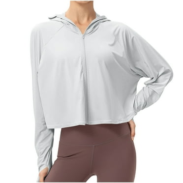 ShomPort Women's Sun Protection Cropped Coat Hooded Long Sleeve Running Athletic Shirt with Thumbholes