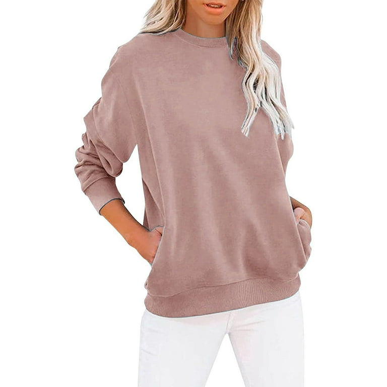 ShomPort Women s Sweatshirt Long Sleeve Crewneck Solid Color Pullover with Pockets Casual Loose Tops