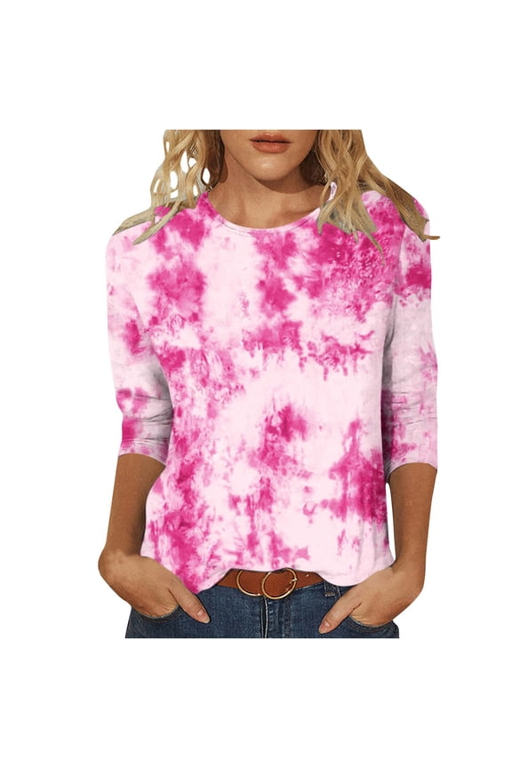 Women's T-Shirt 3/4 Sleeve Round Neck Button Tunic Tops Trendy Comfy Pullover Tops