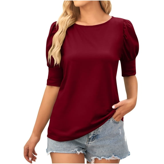 ShomPort Women's Tops Summer Trendy Slim Puff Sleeve T-Shirts Round Neck Solid Color Shirts