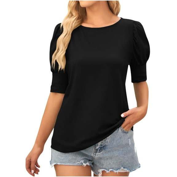 ShomPort Women's Tops Summer Trendy Slim Puff Sleeve T-Shirts Round Neck Solid Color Shirts