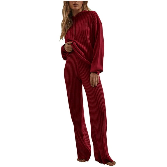 ShomPort Women's Two Piece Outfits Long Sleeve Knit Pullover Hoodies and Wide Leg Pants Lounge Sets