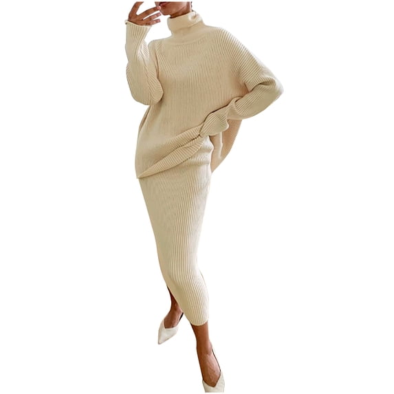 ShomPort Women's Two Piece Outfits Turtleneck Sweater Sets Long Sleeve Knit Pullover and Skirt Lounge Sets (Beige29)