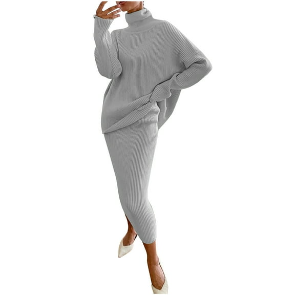 ShomPort Women's Two Piece Outfits Turtleneck Sweater Sets Long Sleeve Knit Pullover and Skirt Lounge Sets (Gray29)
