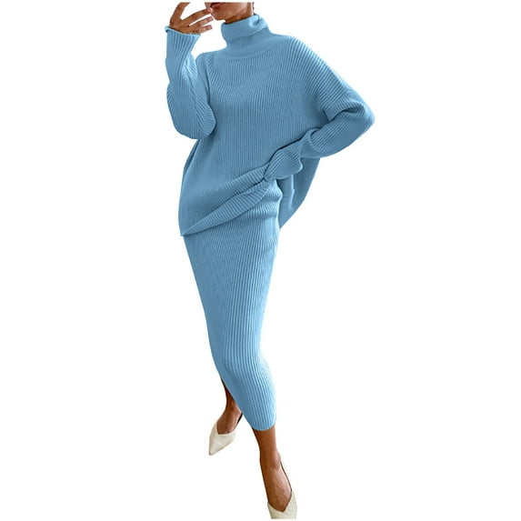ShomPort Women's Two Piece Outfits Turtleneck Sweater Sets Long Sleeve Knit Pullover and Skirt Lounge Sets (Light Blue29)