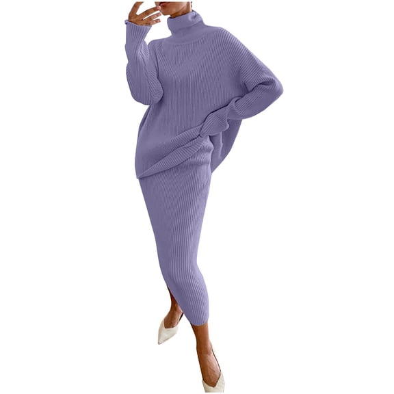 ShomPort Women's Two Piece Outfits Turtleneck Sweater Sets Long Sleeve Knit Pullover and Skirt Lounge Sets (Purple30)